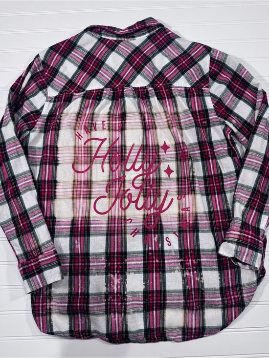 Time and Tru Tops - Custom up cycled bleached flannel, with "Holly Jolly"